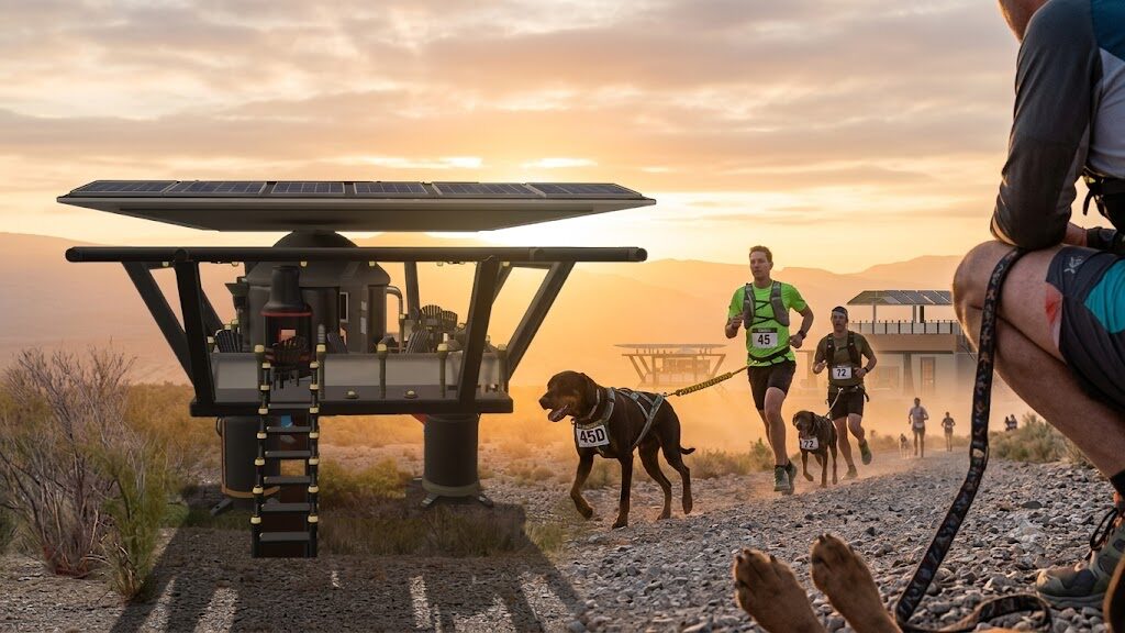Partner run with dog viewed from trailside with own dog