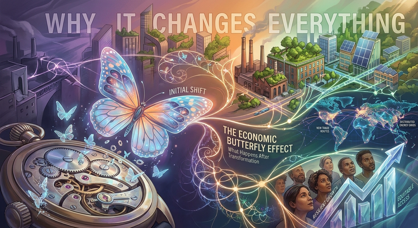 The Butterfly Effect Economy — illustration of a transformation cascading from a single shift into a distributed, resilient economic network