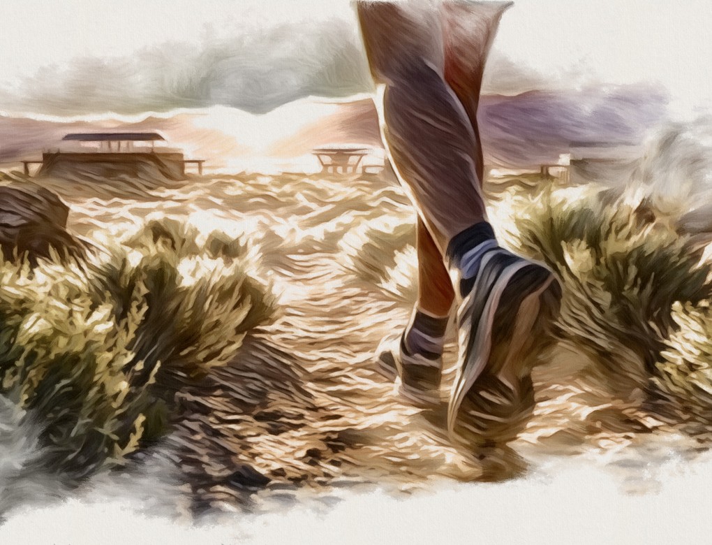 Trail runner descending a high desert Sierra County trail at sunrise — painterly illustration