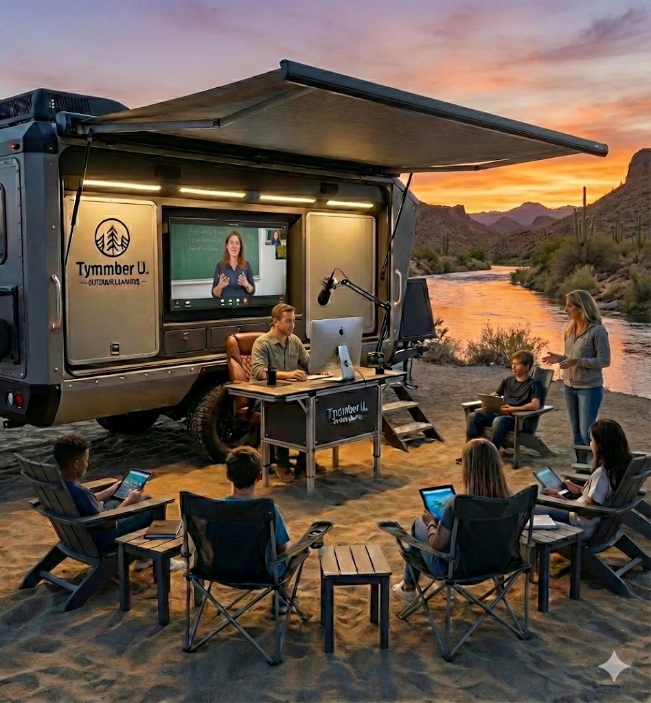Tymmber U TRAILPOD deployed on desert river — RoadSchool in the field
