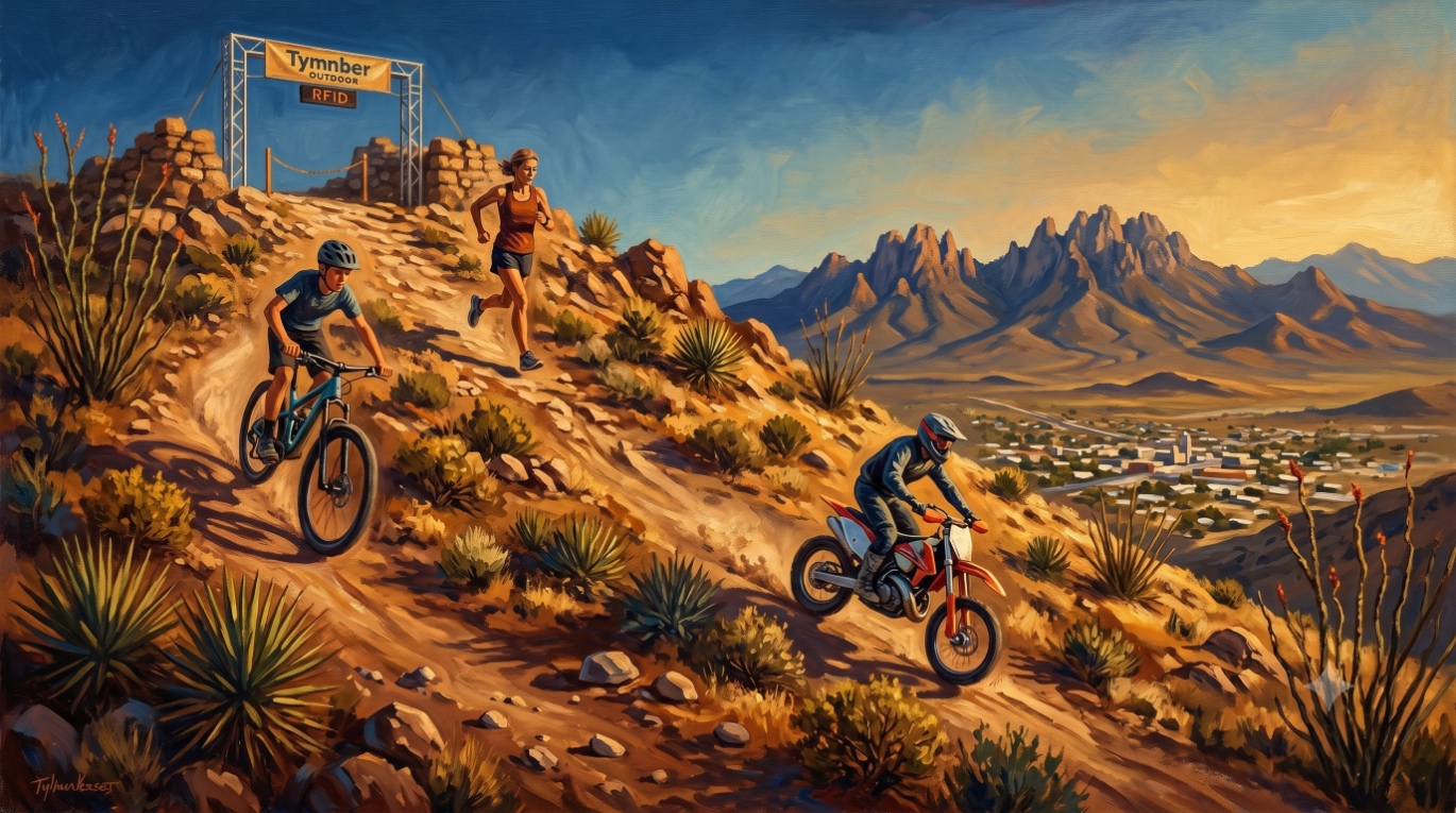 T or C Personal Best Tri · Runner at summit, mountain biker and dirt bike ascending the desert hill · T or C and Organ Mountains below
