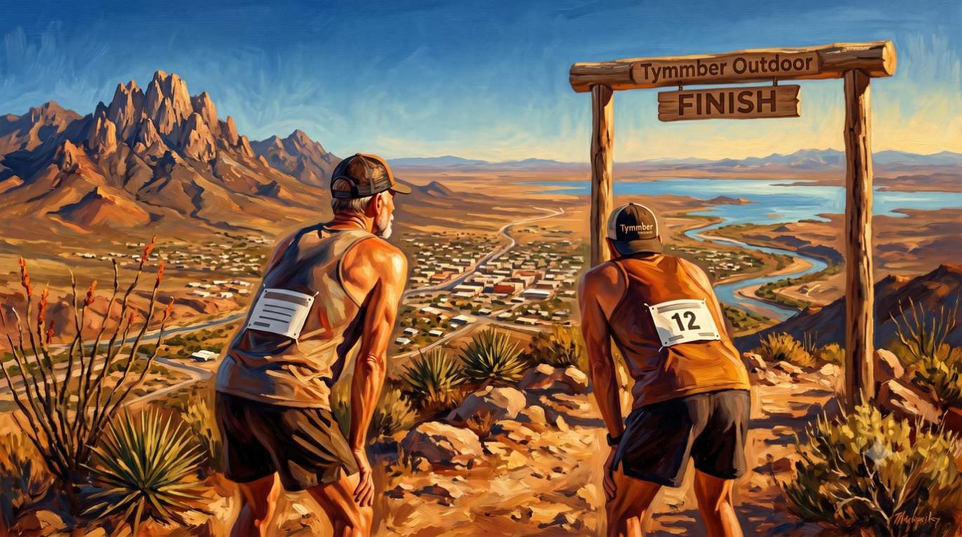 T or C Personal Best Tri · Two runners at the Tymmber Outdoor finish arch on the summit · T or C and Elephant Butte Lake visible below