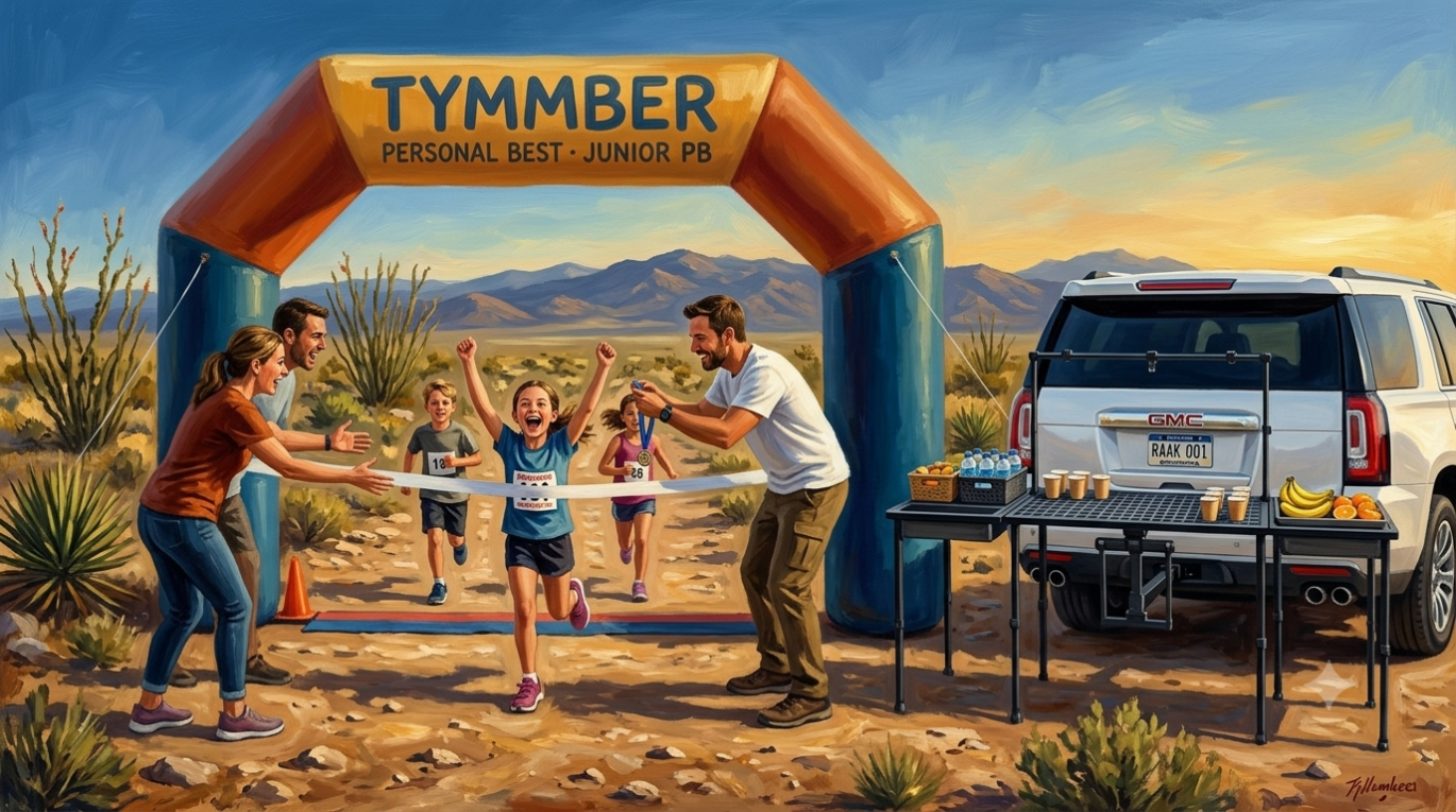 T or C Personal Best Tri · Junior PB finish line · girl crossing arms raised under Tymmber Personal Best arch · RAAK 001 in background